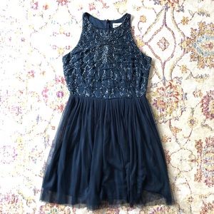 Lace & Beads Navy Sequined Mesh Skater Dress